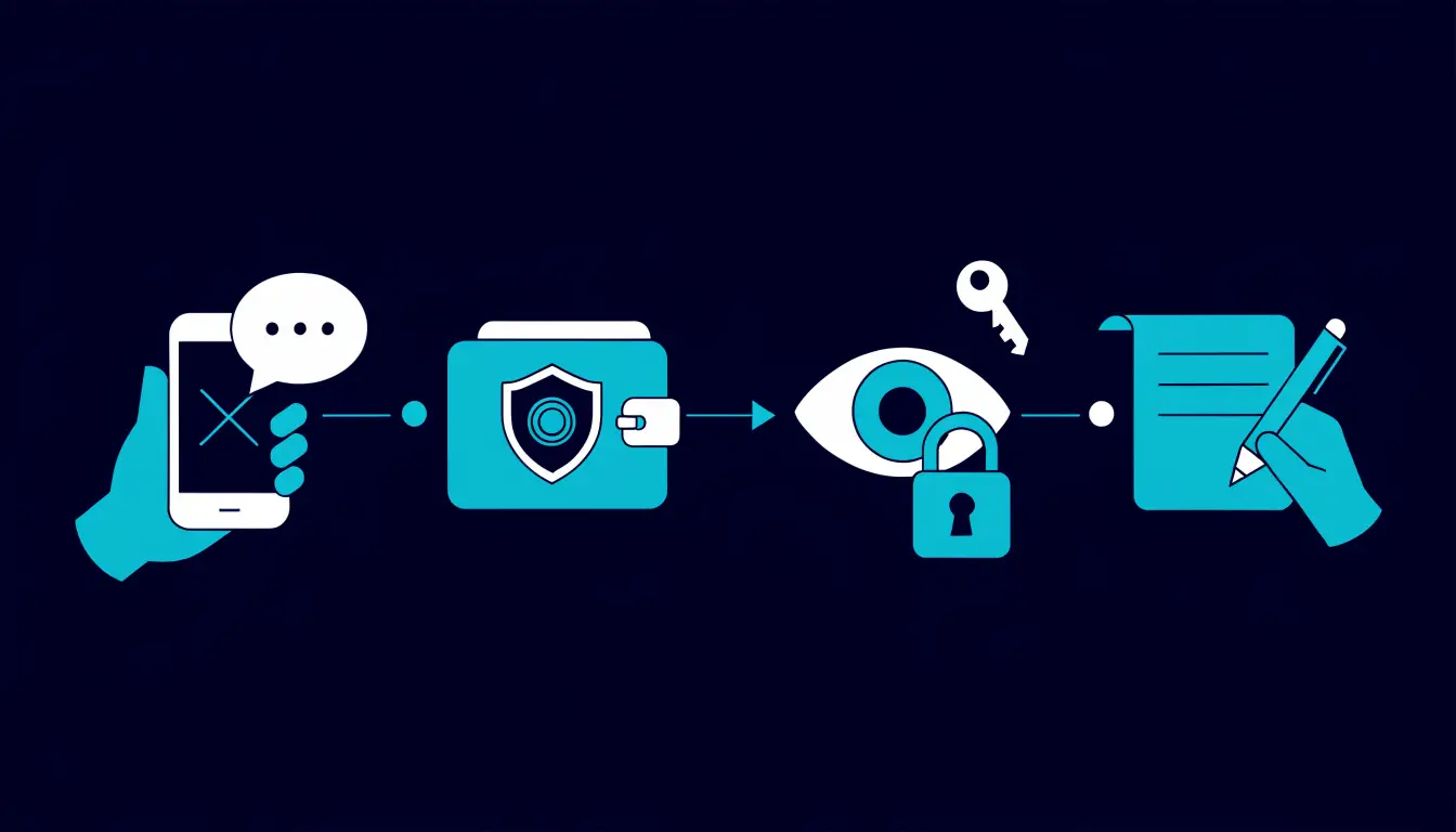 Numbered checklist of first steps after a crypto scam: stop contact, move remaining funds, revoke approvals, enable 2FA, and record evidence