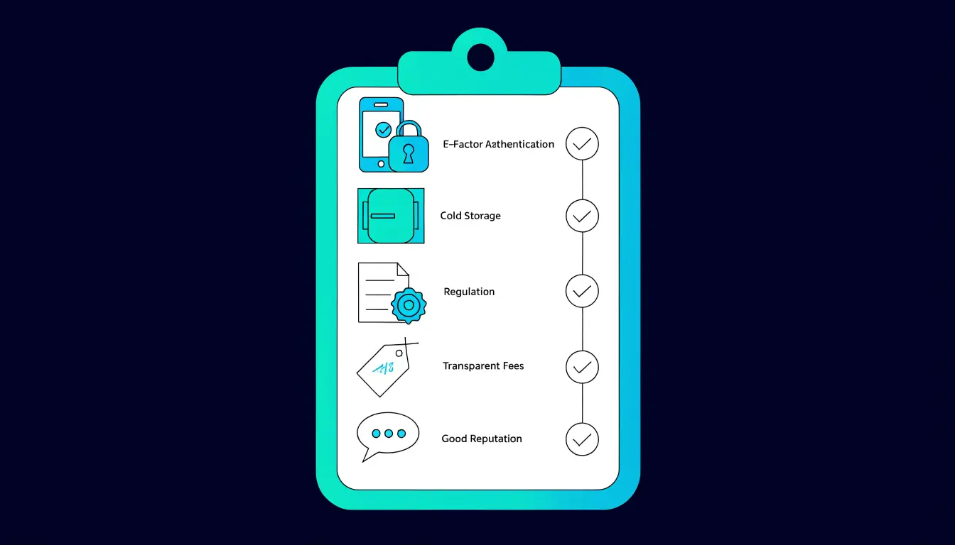 Safe crypto exchange checklist icons: two-factor authentication, cold storage vault, encryption padlock, withdrawal protection, and a security audit badge