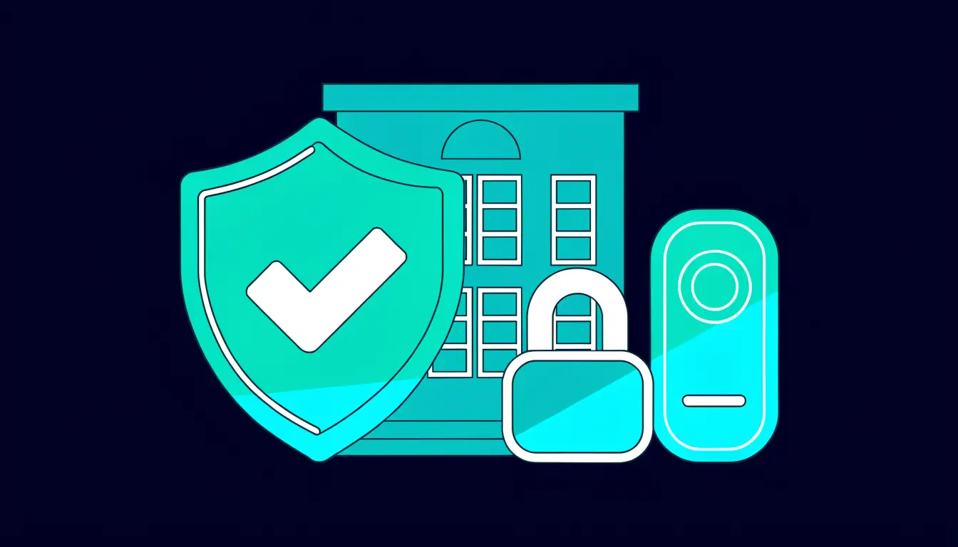 A checklist for a safe crypto exchange showing a shield, a padlock, and a magnifying glass over an exchange trading screen