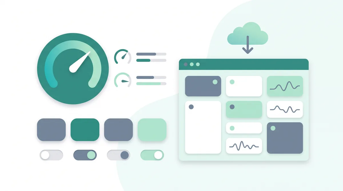 Illustration of a friendly hosting control panel dashboard with toggles, dials and tiles.