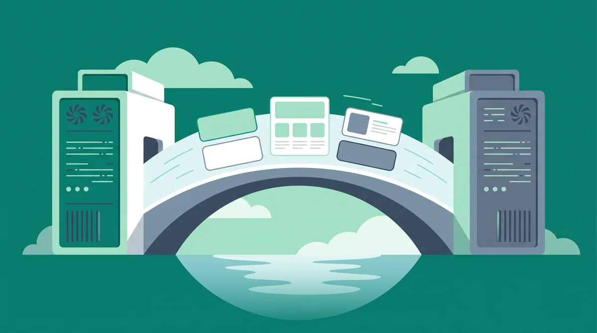 Illustration of a website moving safely between two servers across a bridge with no downtime.
