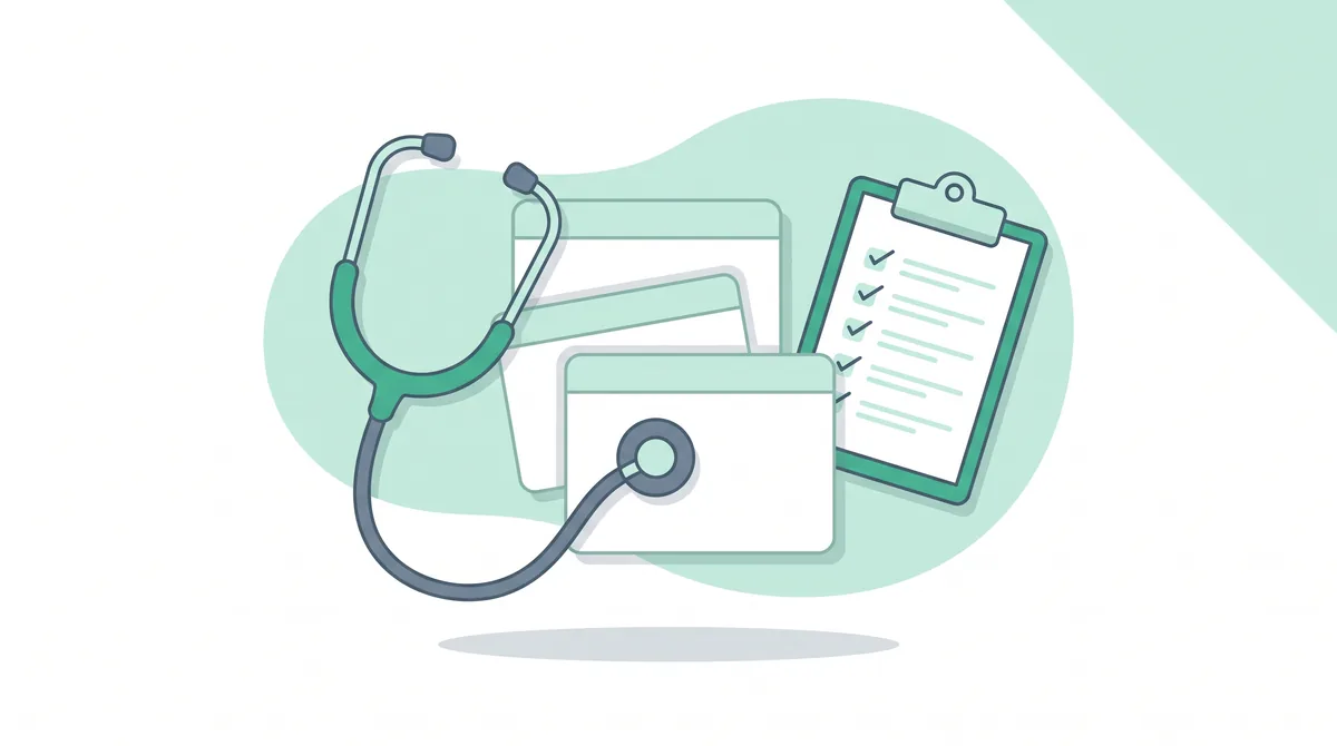 Illustration of website error states being sorted and diagnosed with a stethoscope and checklist.