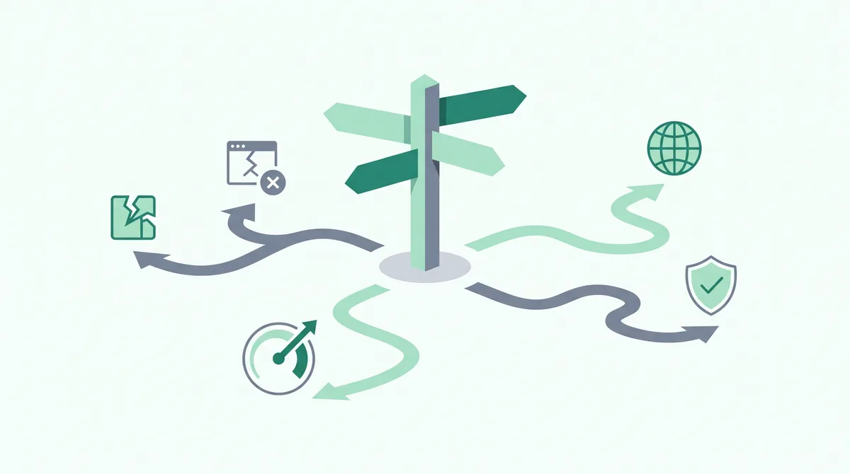 Illustration of a hosting help center signpost routing visitors to fixes for broken sites, speed, security and domains.