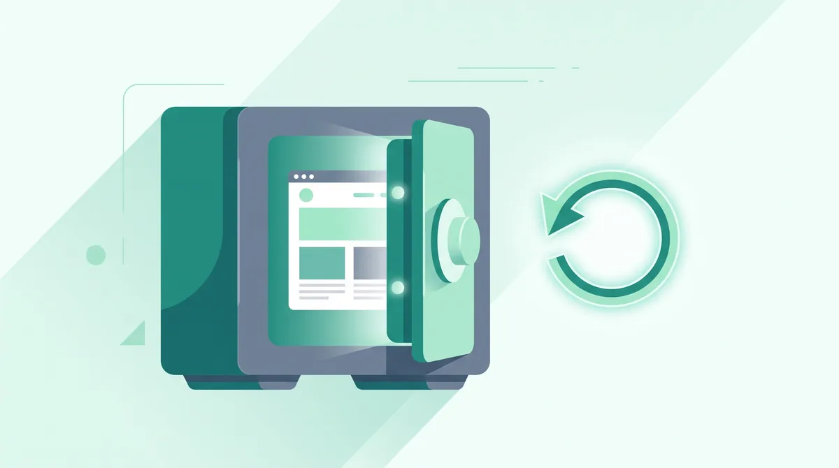 Illustration of a vault holding a website snapshot with a restore arrow, representing backups.