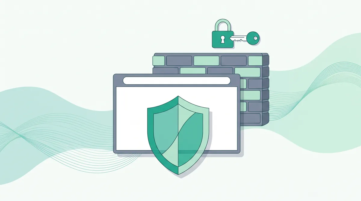 Illustration of a shield, firewall, padlock and key protecting a website.