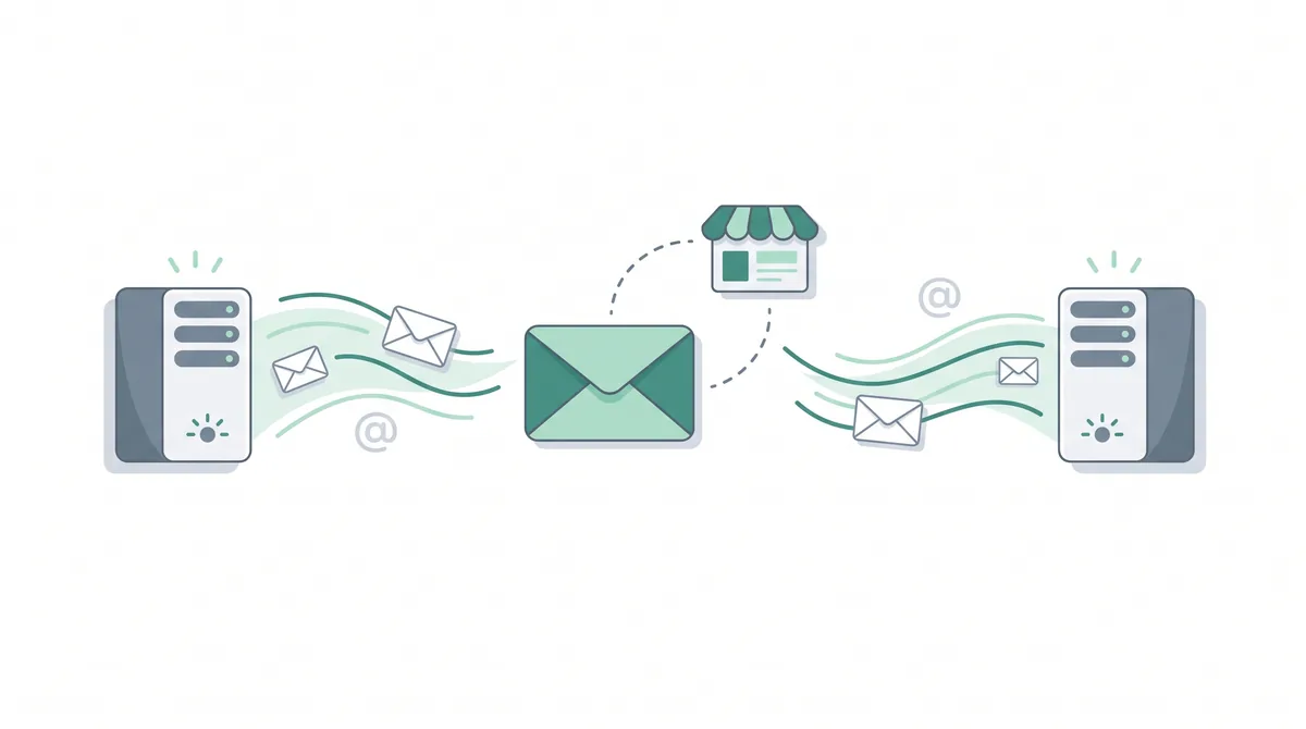 Illustration of custom-domain email flowing between mail servers.