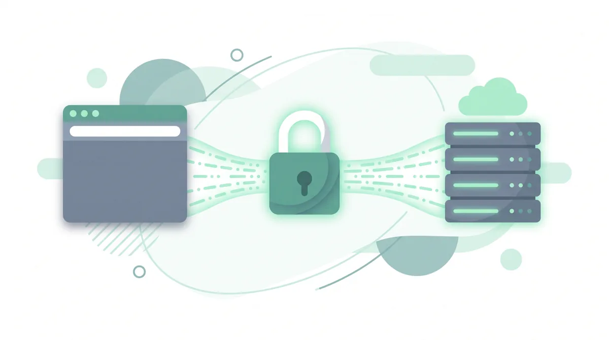 Illustration of an encrypted HTTPS connection between a browser and a server secured by a padlock.